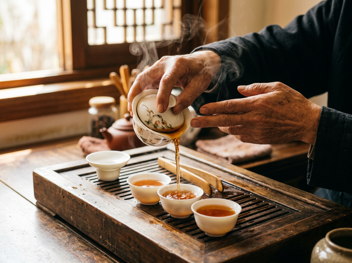 A Gongfu tea ceremony in progress, tea poured from a gaiwan