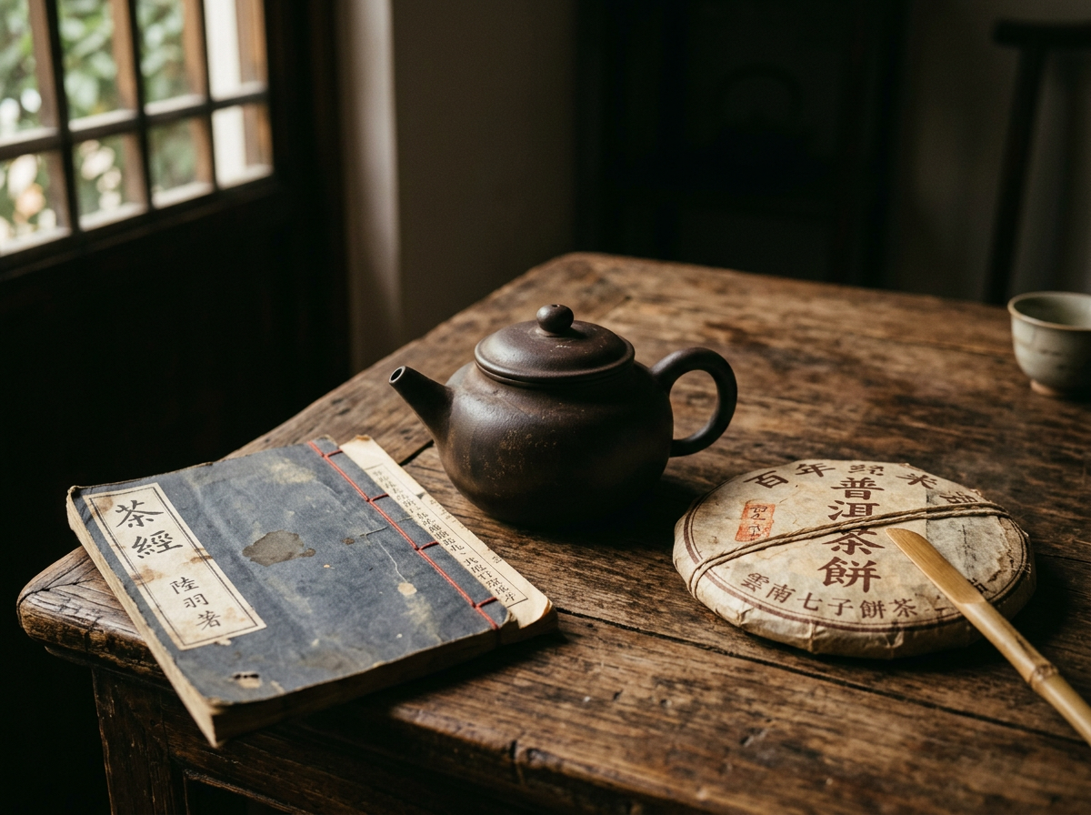 An Yixing clay teapot and an aged pu-erh tea cake