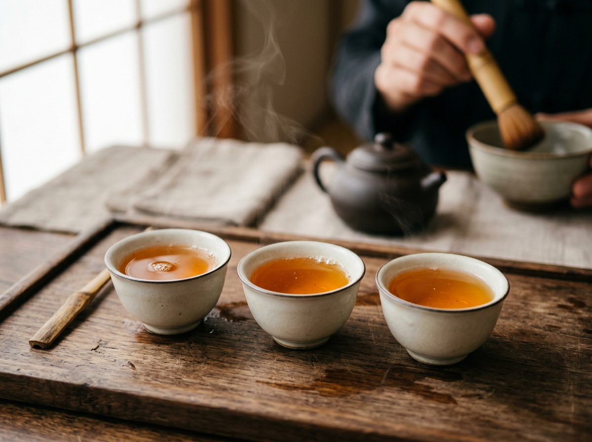 Tea being poured into small tasting cups